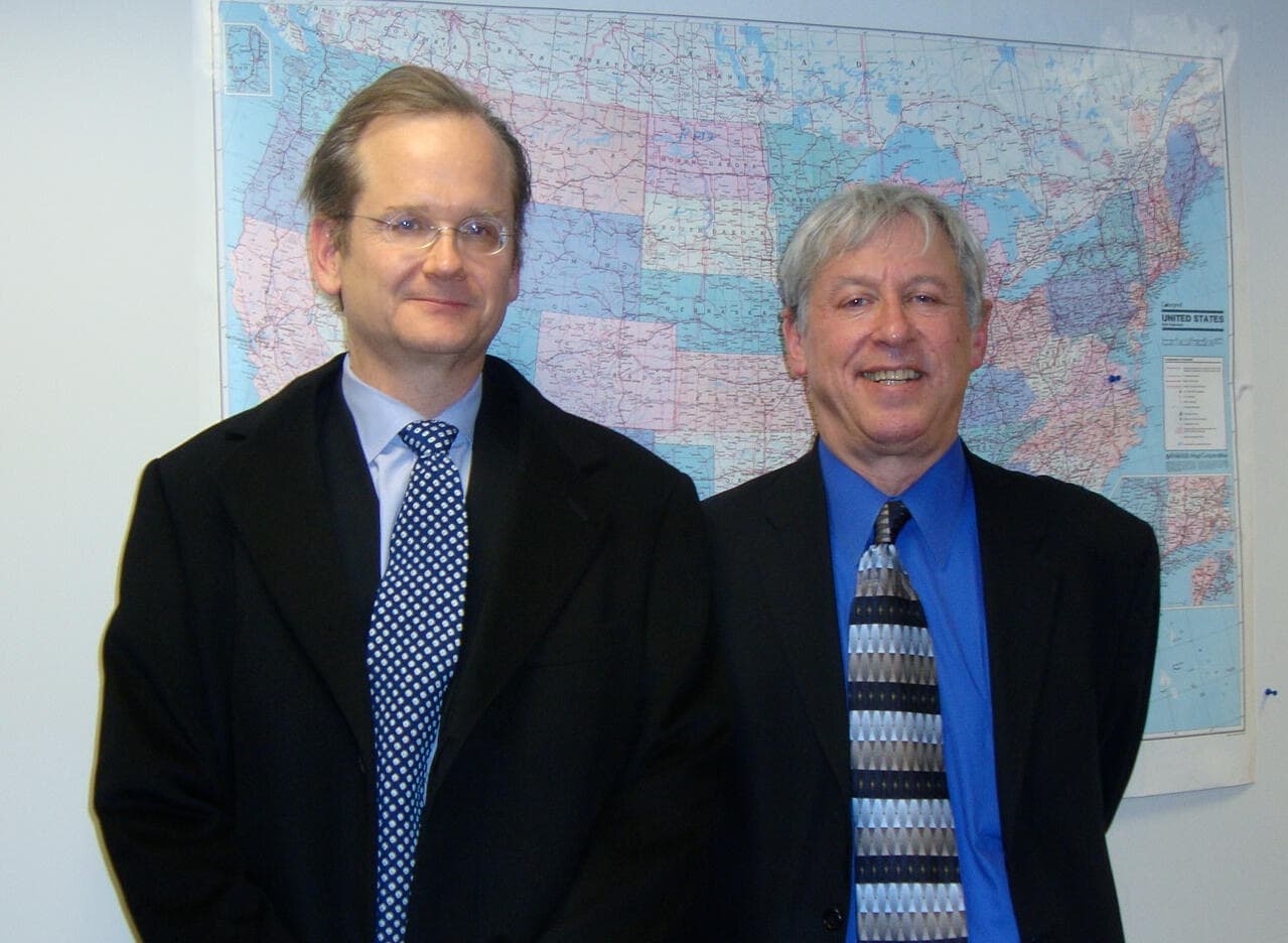 Ralph Benko, at right, standing beside Lawrence Lessig in front of a large wall map of the United States.